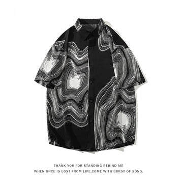 Riolio Summer Short Sleeve Shirt Men Fashion Retro Print Shirt Men Streetwear Loose Black White Ice Silk Shirt Mens Large Sizes M-5XL